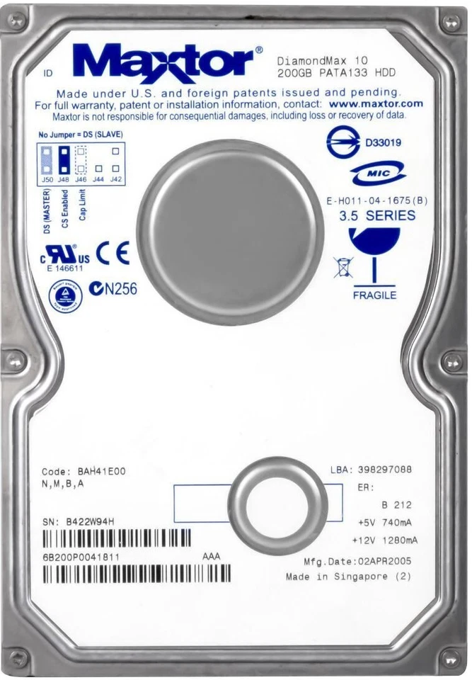 Hard Drive Maxtor Diamondmax 10 200GB 7200RPM 16MB ATA IDE 6B200P0 3.5'' Inch - Image 1 of 3