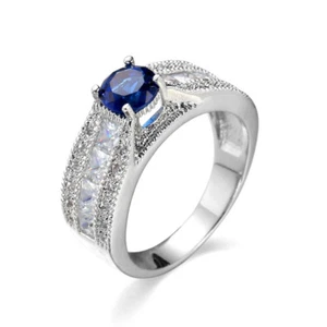 Blue  925 Silver Round AAA  Cubic Zircon Band Womens Engagement Ring Size 6-10 - Picture 1 of 8