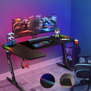 Z Shaped Gaming Desk Computer Office Racer Table RGB LED Carbon Fiber 140CM - Picture 1 of 12