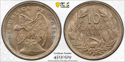 1940 So Chile 10 Centavos PCGS MS66 Top Pop 2/0 Finer Pretty Toning         2031 - Image 1 of 4