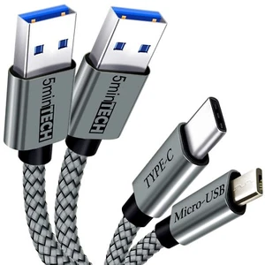 2 PACK [MIcro USB + Type C] Nylon Braided USB Data Sync Charging Cable - Picture 1 of 12