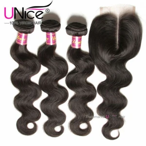 Cabello humano UNice onda corporal peruana 3 paquetes con extensiones de cabello de cierre de encaje - Imagen 1 de 12
