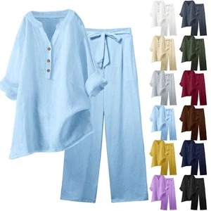 Womens 2 Piece Outfits Wide Leg Blouse Pockets Elastic Pants Sets Casual V Neck - Picture 1 of 60