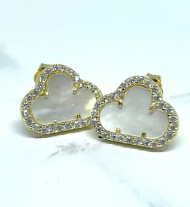 925 Sterling Silver 12mm Mother of Pearl/CZ Cloud Stud Earring - 14K Gold - Picture 1 of 4