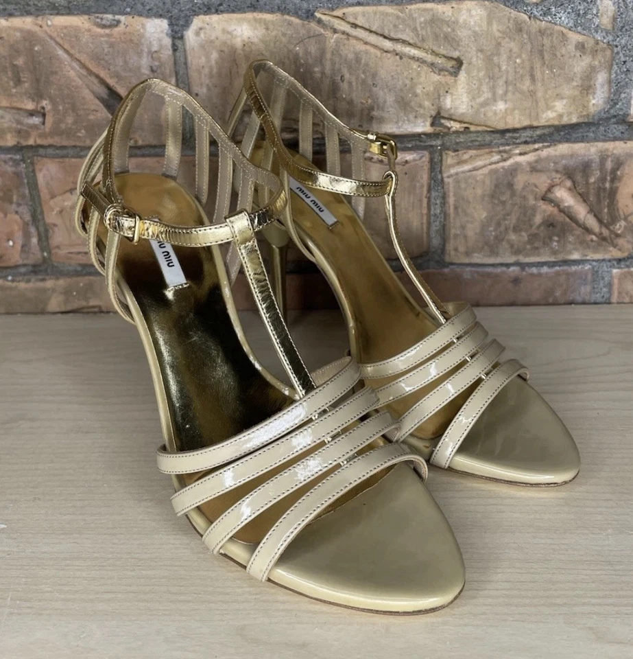 Miu Miu Womens Gold Glamour Cammello T Strap Cage Heel Sandals Size 35 - Image 1 of 4