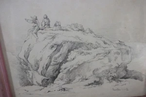 4er SET GERAHMTE ANTIKE HÜGEL, ZAUN/BRÜCKE BLEISTIFTZEICHNUNG NACH ART VON JS COTMAN - Bild 1 von 17