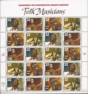 Estampilla de Estados Unidos 1998 músicos folclóricos - hoja de 20 estampillas - Scott #3212-5 - Imagen 1 de 1