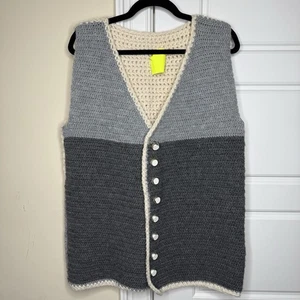 Handmade Crochet Vest Sweater Adult Medium Gray Cream Sleeveless Tank Wool Knit - Picture 1 of 7