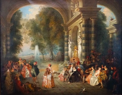 c1800 FETE CHAMPETRE JEAN ANTOINE WATTEAU 1684-1721 SCHOOL Antique Oil Painting - Image 1 of 4