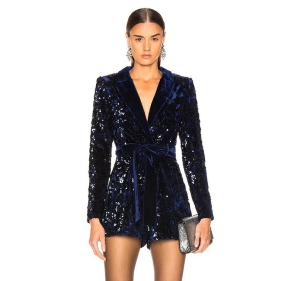 NUEVO Mameluco Alexis Pamina Lentejuelas Terciopelo con Cinturón en Azul Medianoche Talla XS Año Nuevo Foto 1 de 4
