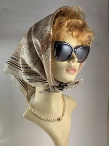 Vintage 1960s London Landmarks Cream Multi 26” Rolled Hem Souvenir Head Scarf - Picture 1 of 12