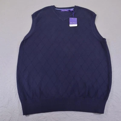 Alan Flusser Sweater Vest Mens Large Navy Blue Argyle V Neck 100% Cotton Knit - Image 1 of 4