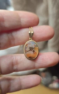 9ct Gold Vintage 70’s Moss Agate Pendant & 9ct 42cm Chain - Picture 1 of 21