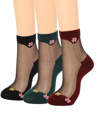 Calcetines tobilleros transparentes florales, 6 pares, negro verde borgoña Foto 1 de 4