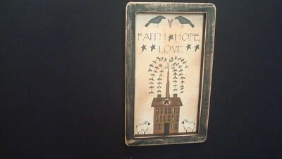 Prim Country Print *FAITH-HOPE-LOVE with sheep*  black frame 6 1/2" x 10 1/2"  - Image 1 of 2