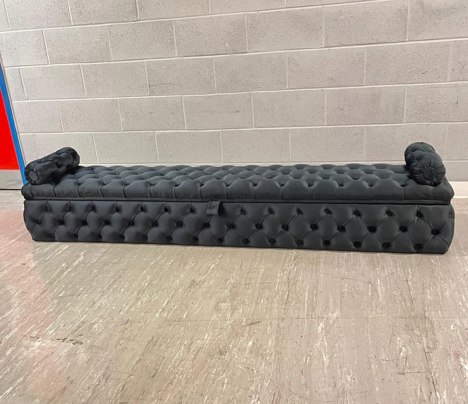 Elegant black velvet tufted daybed with storage, bolster cushions – luxe chaise. - Image 1 of 4