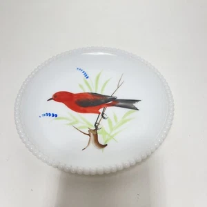Westmoreland Beaded Edge Milk Glass Beaded 7 1/4” Plate w/ Painted Red Bird - Picture 1 of 4
