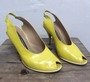 MAUD FRIZON PARIS Yellow Leather Peep Toe Heels Vintage Ladies Size to Fit 38 /7 - Picture 1 of 11