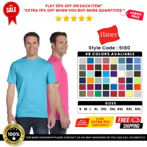 Hanes 5180 Men's Cotton Crew Neck Short Sleeve Plain Blank Beefy-T T-Shirt - Picture 1 of 70