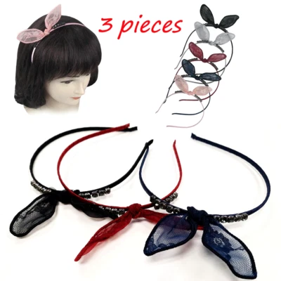 Diadema de 3 piezas para mujer con pedrería de encaje conejo oreja banda para el cabello aro de alambre  Foto 1 de 4