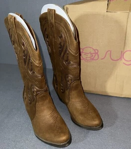 Botas altas de gamuza occidental Sugar Tammy para mujer 6,5 M coñac tacones en bloque punta - Imagen 1 de 11