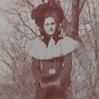 Antique Cabinet Card Photo Pretty Lady Beautiful Fashion Hat Coat Outdoors Tree 