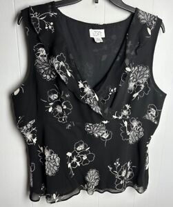 Ann Taylor Loft Women's Black Floral Sleeveless 100% Silk Top Sz XL Side Zipper