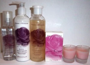 WOODS OF WINDSOR TRUE ROSE BODY SPRAY + MOISTURISER + CREAM BATH CANDLES & SOAP - Picture 1 of 5