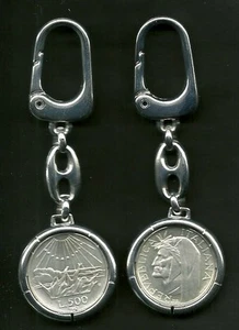PORTACHIAVI PLACCATO CON MONETA LIRE 500 IN ARGENTO 835/.. SILVER DANTE FDC - Picture 1 of 1