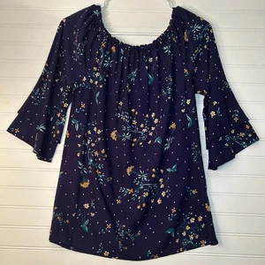 Lascana Damen 6 Blusentop marine Blumen elastischer Ausschnitt geblümt 3/4 Glockenärmel - Bild 1 von 9