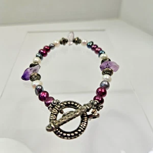 Freshwater Pearls, Amethyst Chips, Spacer Beads and Toggle Clasp Bracelet - Picture 1 of 6