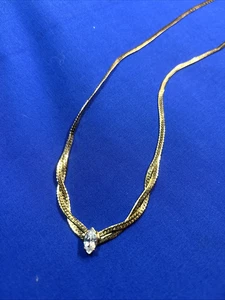 Vintage Chevron V Necklace w/Marquis Faceted Crystal Pendant Gold Tone N63 - Picture 1 of 11