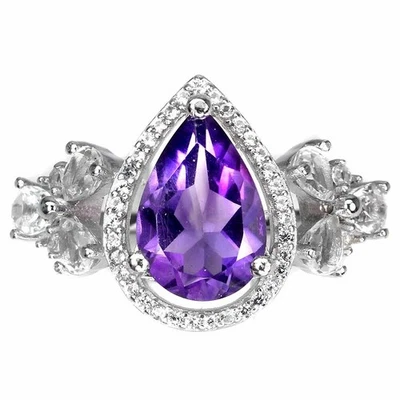 Anello in argento sterling 925 pera ametista 12x8 mm topazio pietre... - Immagine 1 di 4