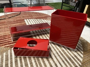 Vintage 80’s Post Mod Acrylic Clear/Red Tissue Box Trash Waste Basket & Shelf - Picture 1 of 17