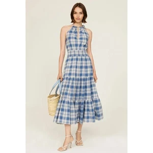 Polo Ralph Lauren Halter Maxi Dress Womens 6 Blue Plaid Smocked Tiered B65,b67 - Picture 1 of 7