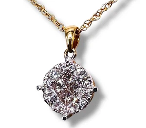 14k Gold Diamond Cluster Pendant Necklace Natural Diamonds 14K Yellow Gold - Picture 1 of 15