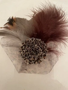 Retro Leopard Mesh Flower Tulle Fancy Feathers Hair Clip Fascinator Brooch Pin - Picture 1 of 2