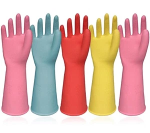 Kitchen Dishwashing Gloves - 5 Pairs Colorful Rubber Cleaning Gloves Reusable - Picture 1 of 6