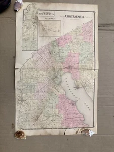 Chautauqua County NY 1881 colored  Map Town & Lake Chautauqua. Mayville Stockton - Picture 1 of 8