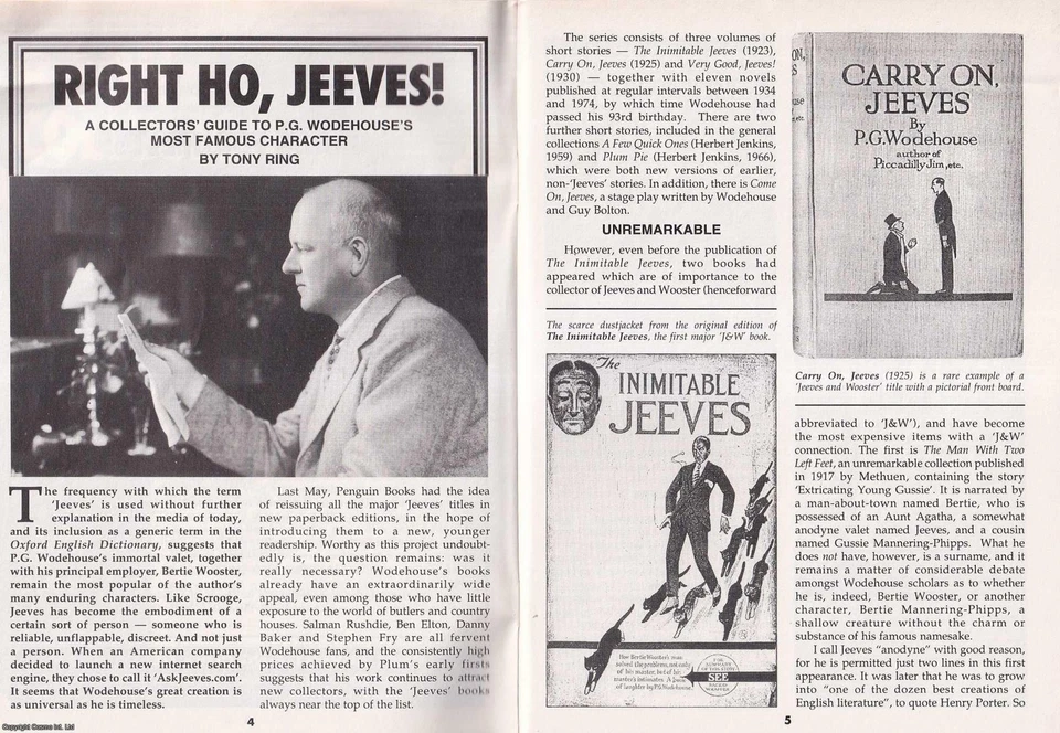 RIGHT HO, JEEVES : A COLLECTORS GUIDE TO P.G. WODEHOUSE'S MOST FAMOUS CHARACTER. - Image 1 of 1