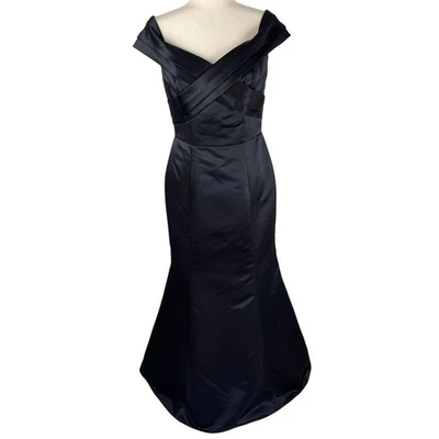 VESTIDO MAXI SIRENA SATINADO FUERA DEL HOMBRO HAYLEY PAIGE NEGRO TALLA 8 ESTILO 5754 Foto 1 de 4