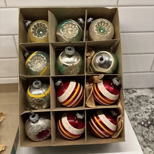 12 adornos navideños brillantes vintage de vidrio mercurio rayas de doble sangría - Imagen 1 de 11