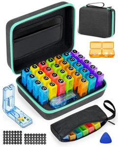 Monthly Pill Organizer 2 Times a Day, with Weekly Pill Bag, Portable Hard She... - Picture 1 of 9