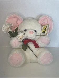 Vintage Plüschtier Kelly Spielzeug Stofftier Maus mit Blumen weiß rosa Ohren bezaubernd Neu mit Etikett - Bild 1 von 10