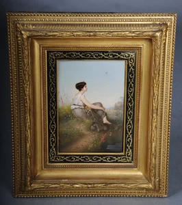 19.Jhdt. RARE KPM Berlin Porzellan Bildplatte junge sitzende Frau, Carl Meinest - Bild 1 von 19