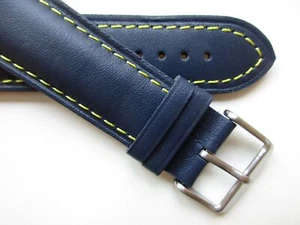 Dark blue - Yellow accents 22 MM sport leather watch band strap - curved - Picture 1 of 6