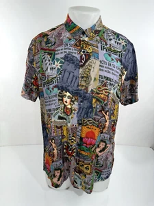 GUESS - Tattoo Nautical PIN UP GIRLS Tiger MERMAID Ship Travel L Hawaiian Shirt - Picture 1 of 10