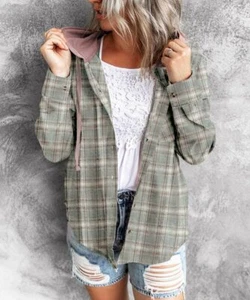 Floral Blooming Gray & Dusty Mauve Plaid Hooded Button-Up Hooded Top Size Medium - Picture 1 of 4
