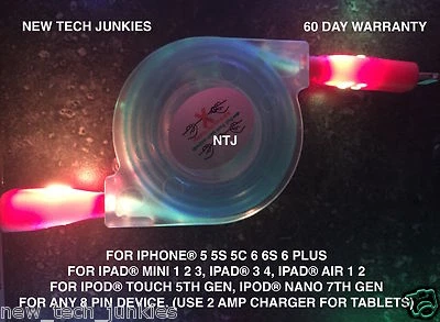 LED light RETRACTABLE data sync charger power cable for iPhone X 8 7 plus 6 5s c - Image 1 of 4