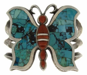 Kingman Turquoise & Coral Inlay Butterfly Bracelet By Aaron Anderson - Picture 1 of 4